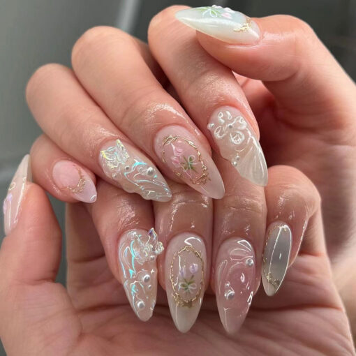 Aurora Blush Press On Nails mit Strass Perlen – Bild 2