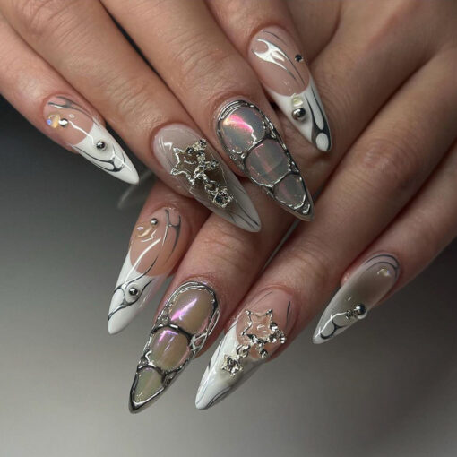 Edgy Press On Nails Grau Metallic Flame Nägel – Bild 2