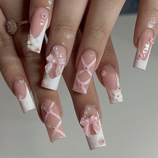 Extra lange Coffin Nails mit Schleifen Pink Press On Nägel – Bild 2