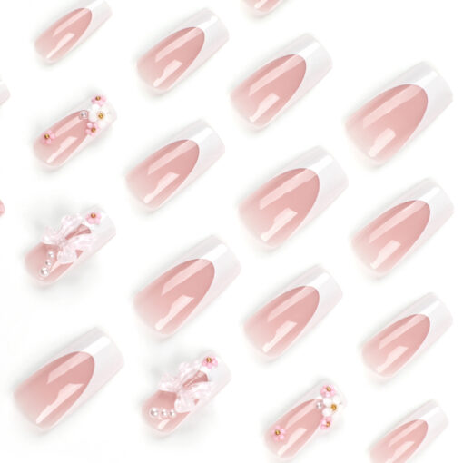 Extra lange Coffin Nails mit Schleifen Pink Press On Nägel – Bild 4