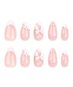 Sweet Pink French Press On Nails mit Schleife Blume Design