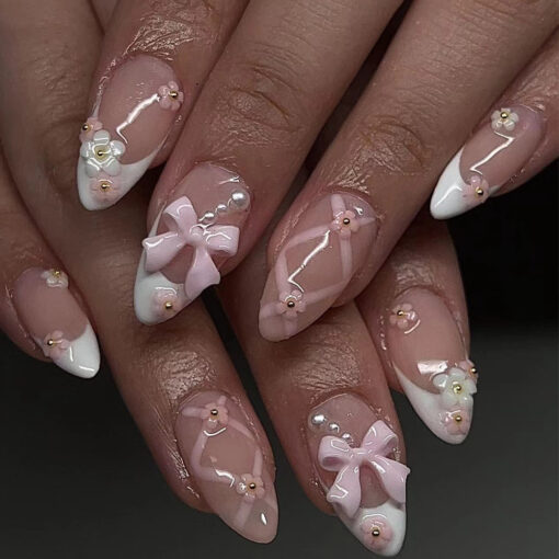 Sweet Pink French Press On Nails mit Schleife Blume Design – Bild 2