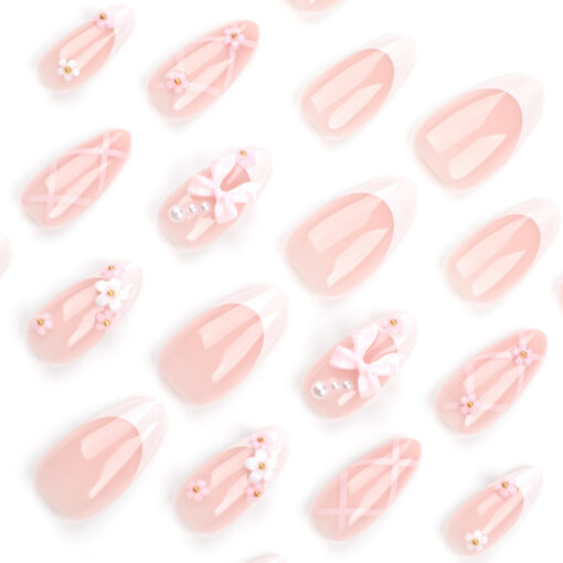 Sweet Pink French Press On Nails mit Schleife Blume Design – Bild 3