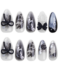 Black Press On Nails mit 3D Schleife, Perlen und Herz