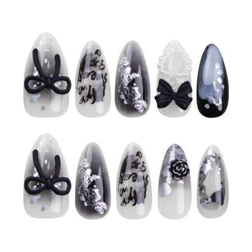 Black Press On Nails mit 3D Schleife, Perlen und Herz