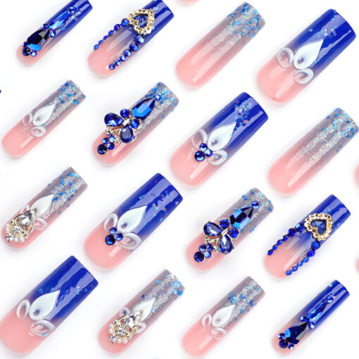 Blaue French Press On Nails Ballerina Nägel mit Strass – Bild 4