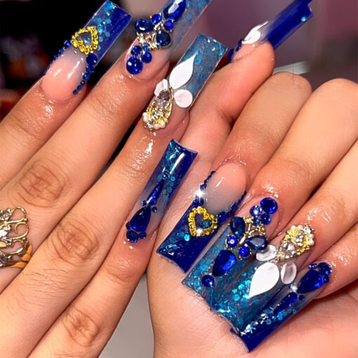 Blaue French Press On Nails Ballerina Nägel mit Strass – Bild 2