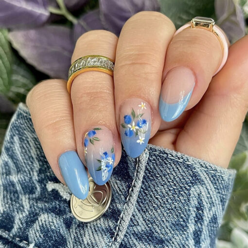 Blue French Ombre Press On Nails Blumen Nägel – Bild 2