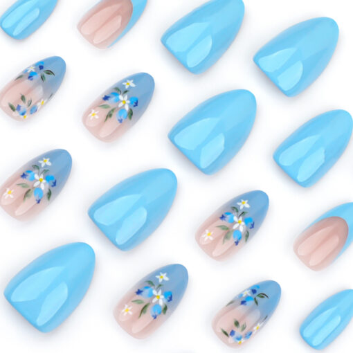 Blue French Ombre Press On Nails Blumen Nägel – Bild 3
