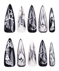 Dark Glam Press On Nägel Y2K Style– Schwarze Fake Nails mit Herz Schmetterling