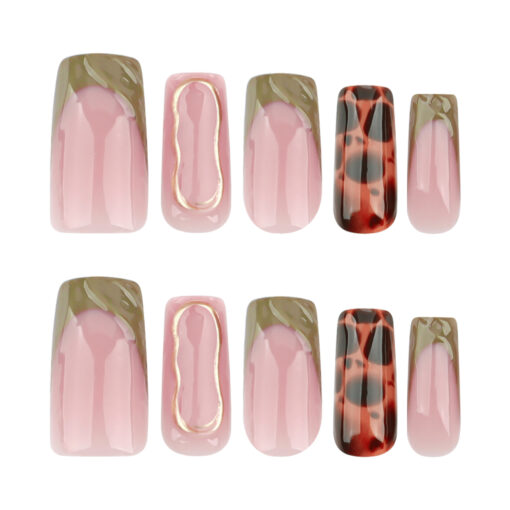Grüne Press On Nails mit Wellenmuster Tortoise und Leopard Design