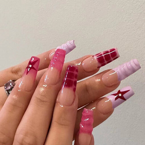 Pink Press On Nails mit Strass und Sternen Für Party Trendnägel – Bild 2