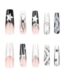 Schwarz-Weiße Punk Press On Nails mit Croco-Muster Sternen Flammen