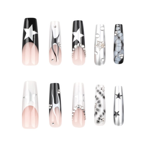 Schwarz-Weiße Punk Press On Nails mit Croco-Muster Sternen Flammen