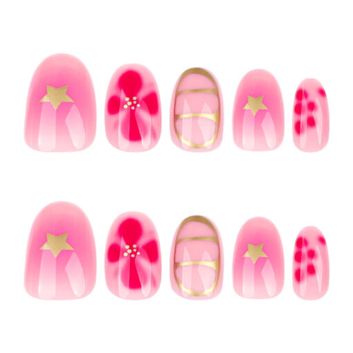 Short Round Press On Nails Für Mädchen – Süße Blumen & Sterne Design