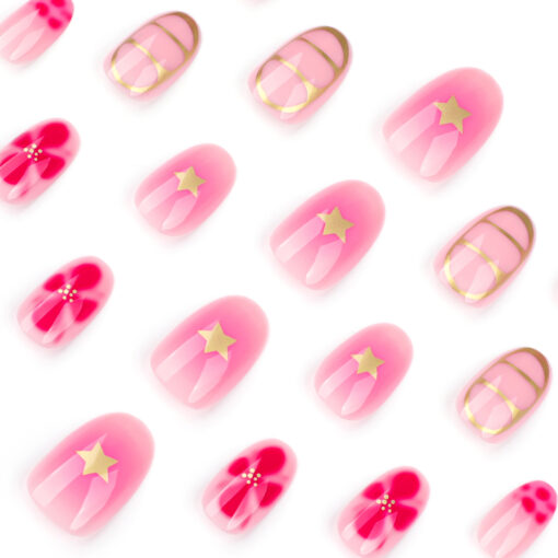 Short Round Press On Nails Für Mädchen – Süße Blumen & Sterne Design – Bild 3