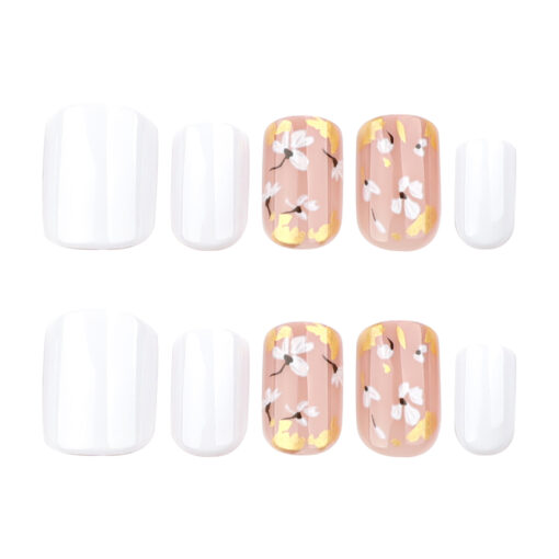 White Press On Nails mit Blumen und Goldfolie – Kurz & Square Nägel
